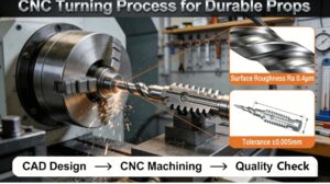 Close-up of 5-axis CNC machine machining a metal prop component, highlighting surface finish and tolerance controls for action movie durability

