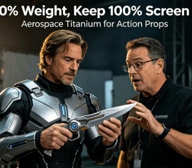 An actor and prop master on a movie set evaluate a detailed, lightweight hero prop made from aerospace-grade titanium via laser cutting, visually showcasing the blend of cinematic power and physical practicality.