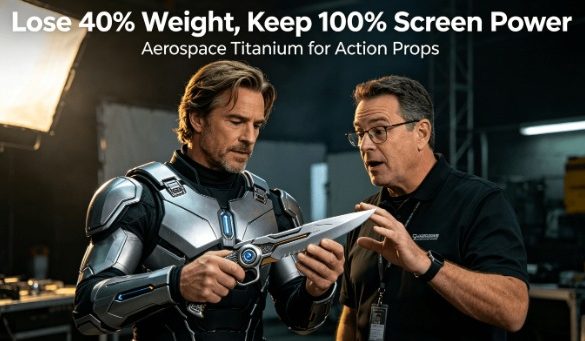 An actor and prop master on a movie set evaluate a detailed, lightweight hero prop made from aerospace-grade titanium via laser cutting, visually showcasing the blend of cinematic power and physical practicality.