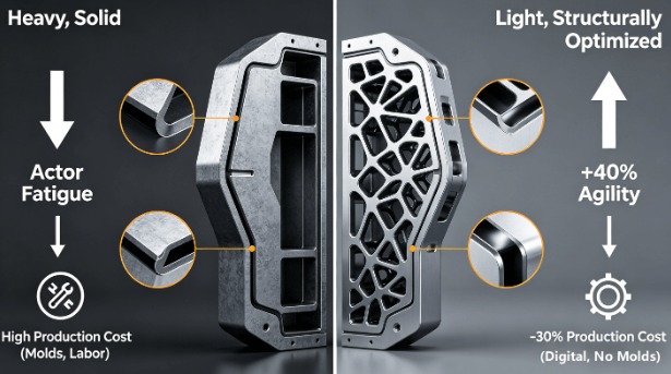 3D cross-section infographic contrasting a heavy, solid traditional movie prop construction with a lightweight, structurally optimized design made possible by aerospace-grade titanium laser cutting and topology optimization, as detailed in the article.