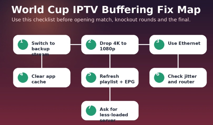 Use this fix map before high-demand matches to reduce IPTV buffering risk.