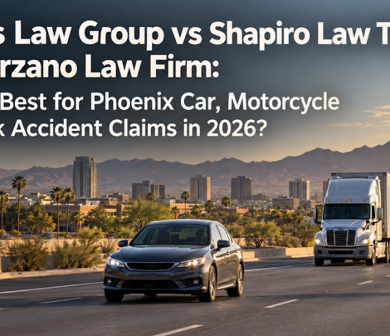 A car, semi-truck and helmeted motorcyclist travel along a Phoenix roadway under a headline comparing Phillips, Shapiro and Solorzano for accident claims.
