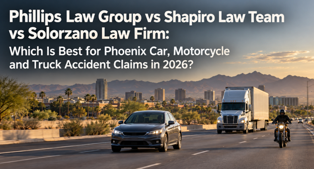A car, semi-truck and helmeted motorcyclist travel along a Phoenix roadway under a headline comparing Phillips, Shapiro and Solorzano for accident claims.