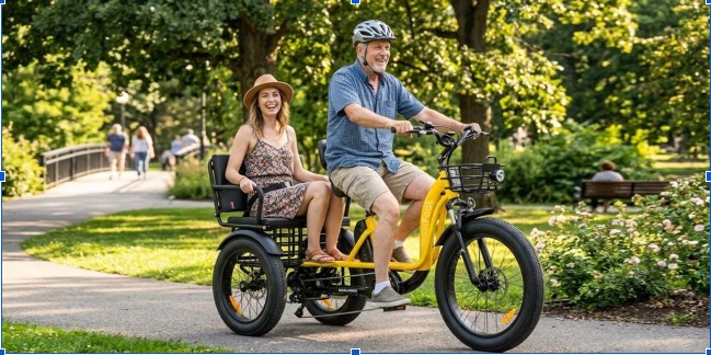 Two adults sharing a ride on a yellow 2 seater electric tricycle in a park setting