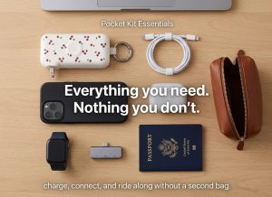 Compact travel tech kit with a portable charger, smartphone, AirPods and USB-C cable